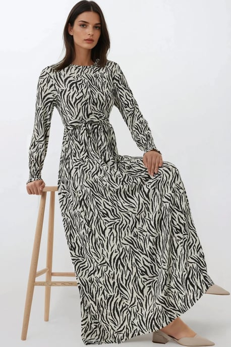 Bedrucktes Maxikleid mit Rundhalsausschnitt und Gürtel - Image 2