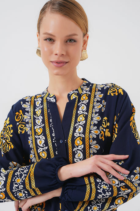 Bedrucktes V-Ausschnitt Maxikleid mit Knopfverschluss - Image 3