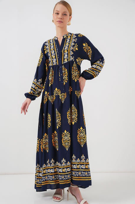 Bedrucktes V-Ausschnitt Maxikleid mit Knopfverschluss - Image 4