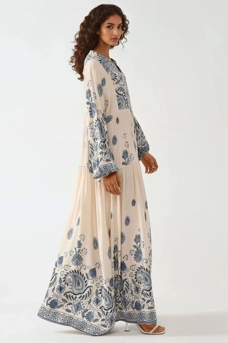 Bedrucktes V-Ausschnitt-Maxi-Kleid mit Knopfdetails - Image 3