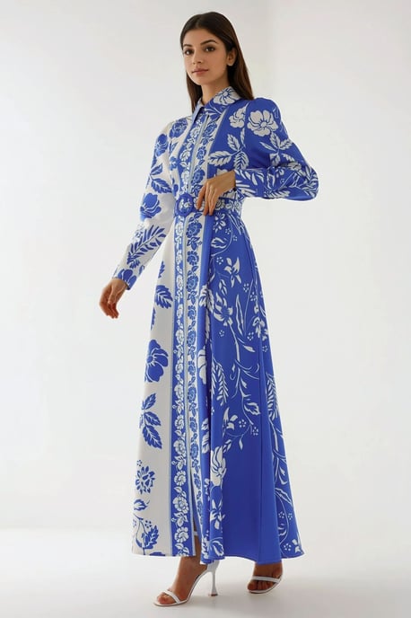 Bedrucktes Maxi-Kleid mit langen Ärmeln und Gürtel - Image 5
