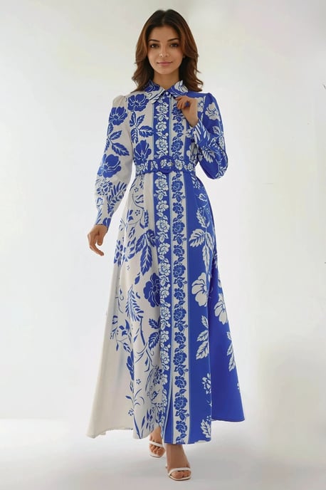 Bedrucktes Maxi-Kleid mit langen Ärmeln und Gürtel - Image 6