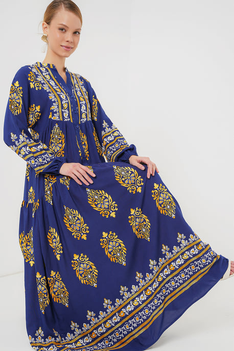 Bedrucktes V-Ausschnitt-Maxikleid mit Druckknopfverschluss - Image 1