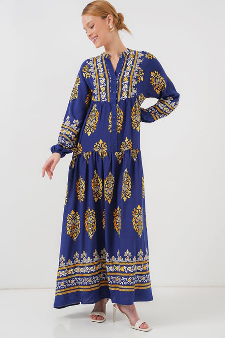 Bedrucktes V-Ausschnitt-Maxikleid mit Druckknopfverschluss - Image 4