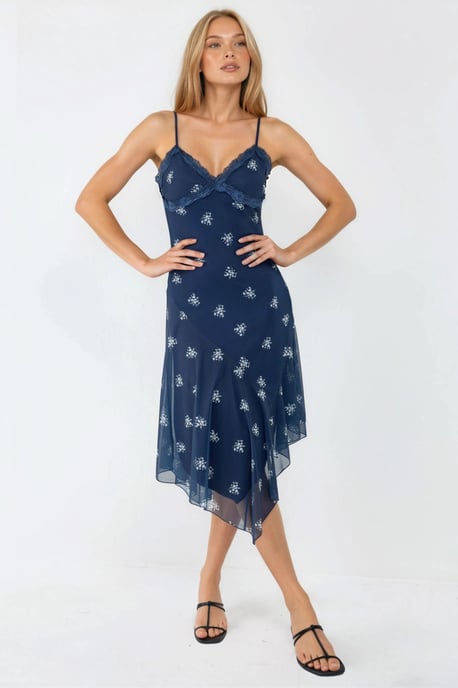 V-Ausschnitt Bedrucktes Bodycon-Maxikleid mit Spitzenakzenten - Image 3