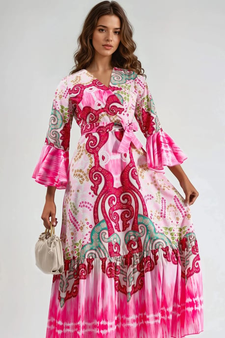 Rüschen-Paisley V-Ausschnitt Maxikleid - Image 1
