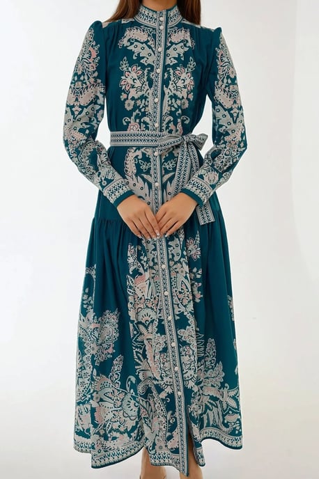 Bedrucktes Maxikleid mit langen Ärmeln und Gürtel - Image 2
