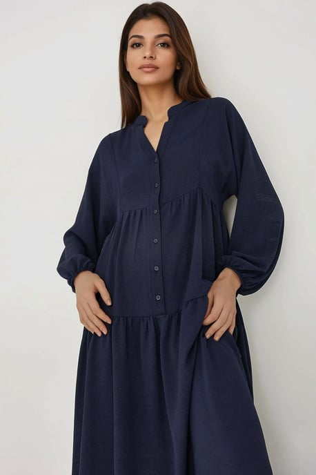 Strukturierter V-Ausschnitt Maxikleid mit Knopfdetails - Image 2