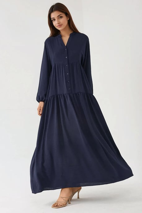 Strukturierter V-Ausschnitt Maxikleid mit Knopfdetails - Image 3
