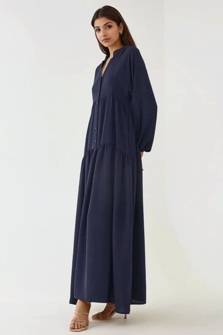 Strukturierter V-Ausschnitt Maxikleid mit Knopfdetails - Image 4