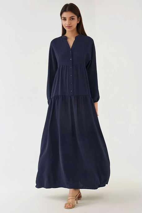 Strukturierter V-Ausschnitt Maxikleid mit Knopfdetails - Image 5