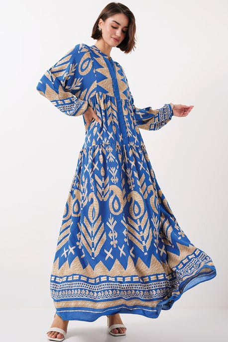 Bedrucktes V-Ausschnitt-Maxikleid mit Knopfverschluss - Image 2