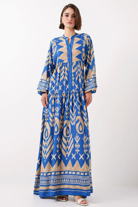 Bedrucktes V-Ausschnitt-Maxikleid mit Knopfverschluss - Image 5