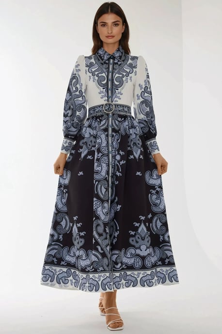 Bedrucktes Maxi-Kleid mit langen Ärmeln und Gürtel - Image 1