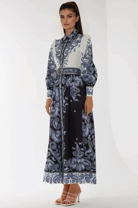 Bedrucktes Maxi-Kleid mit langen Ärmeln und Gürtel - Image 4