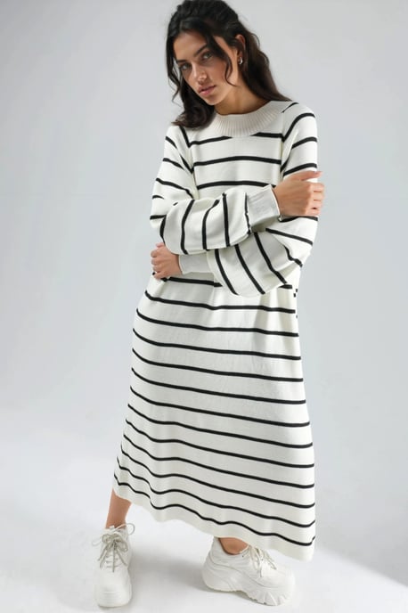 Langarm gestreiftes Rippstrickkleid - Image 1