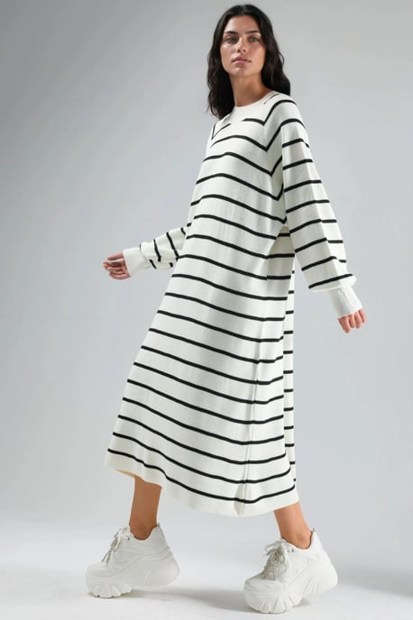 Langarm gestreiftes Rippstrickkleid - Image 2