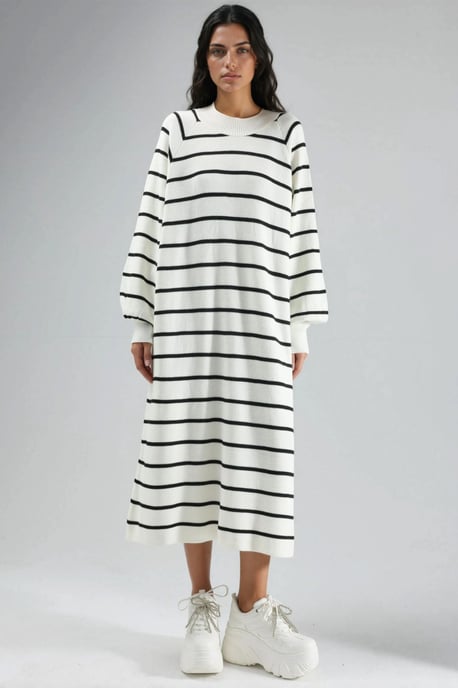 Langarm gestreiftes Rippstrickkleid - Image 6