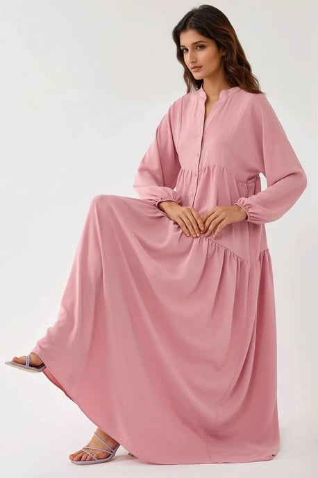 Strukturiertes V-Ausschnitt Maxikleid mit Knopfdetails - Image 2