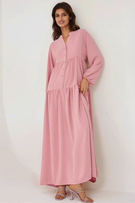 Strukturiertes V-Ausschnitt Maxikleid mit Knopfdetails - Image 3