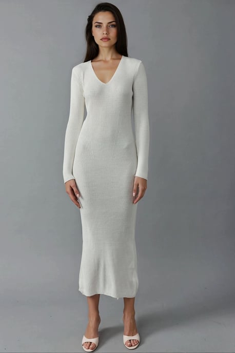 V-Ausschnitt Strukturierte Maxi-Strickkleid mit Schlitz - Image 6