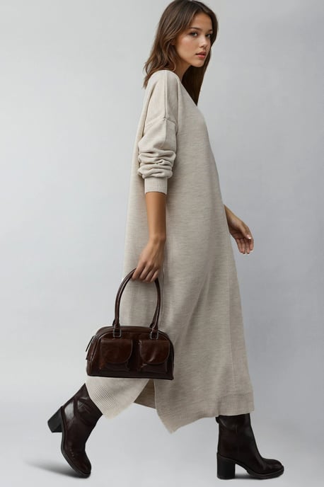 Strukturierter gerippter langer Strickkleid mit Schlitzdetails - Image 1