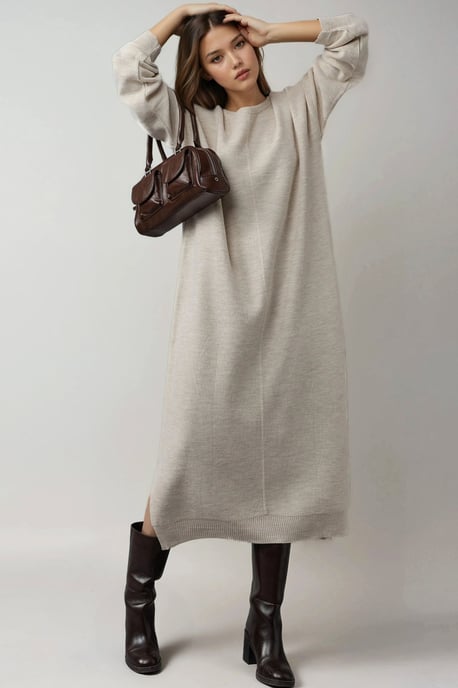 Strukturierter gerippter langer Strickkleid mit Schlitzdetails - Image 2