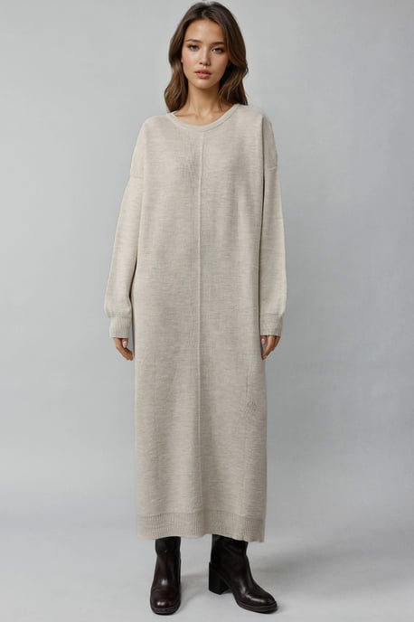 Strukturierter gerippter langer Strickkleid mit Schlitzdetails - Image 6