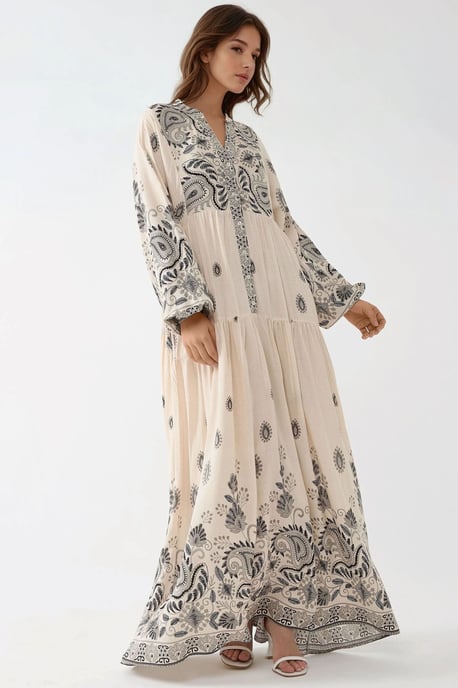 Bedrucktes V-Ausschnitt Maxikleid mit Knopfdetails - Image 1