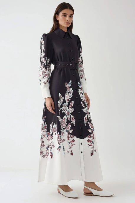 Bedrucktes Maxikleid mit langen Ärmeln und Gürtel - Image 2