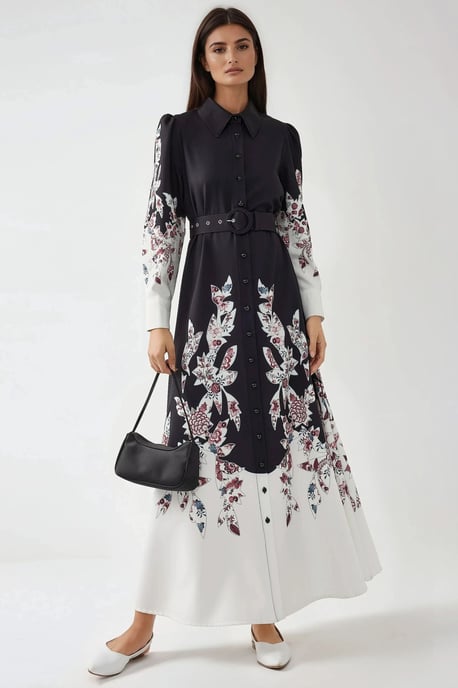 Bedrucktes Maxikleid mit langen Ärmeln und Gürtel - Image 6