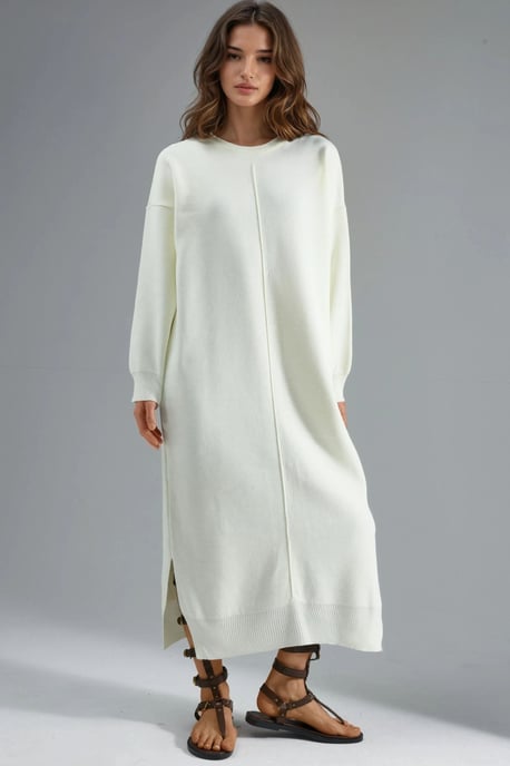 Strukturierte gestreifte langärmelige Strickkleid mit Schlitzdetail - Image 1