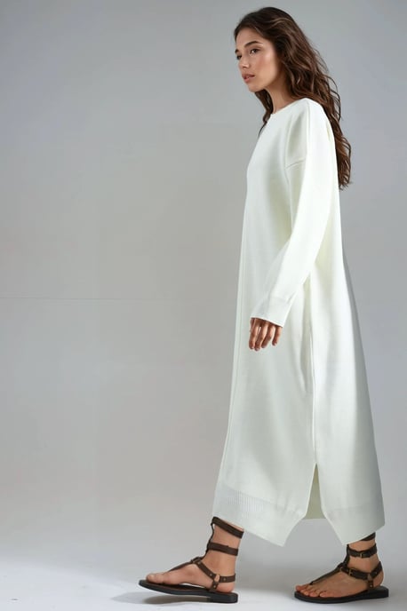 Strukturierte gestreifte langärmelige Strickkleid mit Schlitzdetail - Image 2