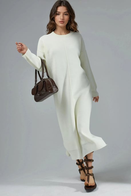 Strukturierte gestreifte langärmelige Strickkleid mit Schlitzdetail - Image 5