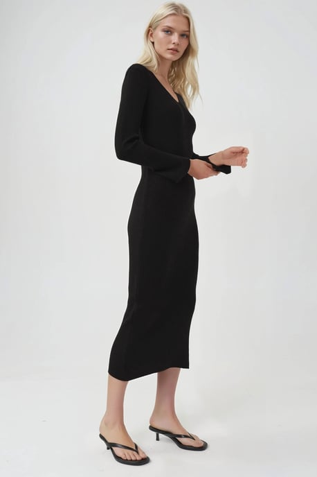 V-Ausschnitt Strukturierter Maxi-Strickkleid mit Schlitz - Image 1