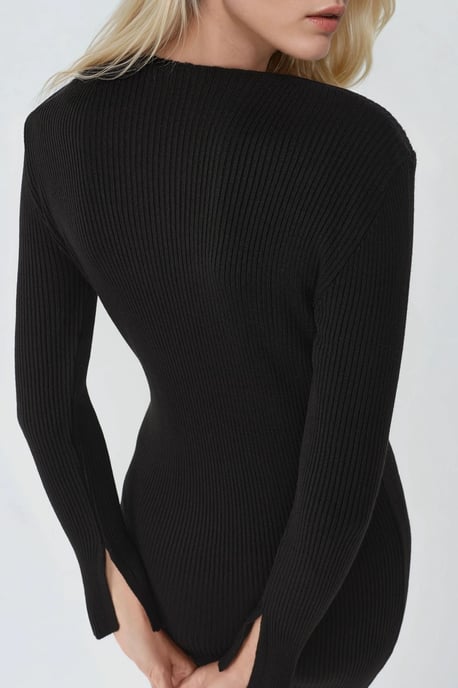 V-Ausschnitt Strukturierter Maxi-Strickkleid mit Schlitz - Image 3
