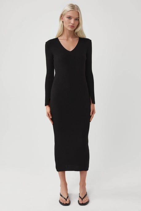 V-Ausschnitt Strukturierter Maxi-Strickkleid mit Schlitz - Image 4