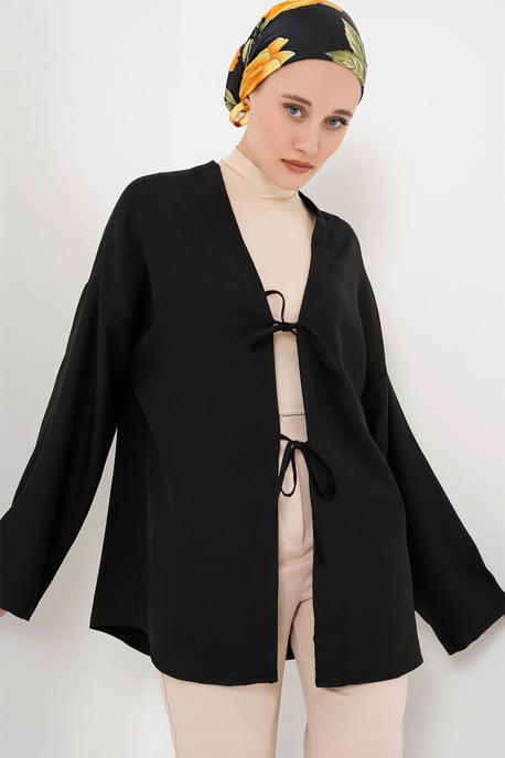 Leinenmischung Langarm-Kimono mit Bindedetail - Image 1