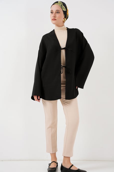 Leinenmischung Langarm-Kimono mit Bindedetail - Image 2
