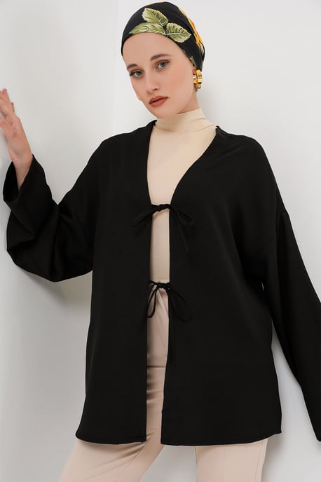 Leinenmischung Langarm-Kimono mit Bindedetail - Image 3