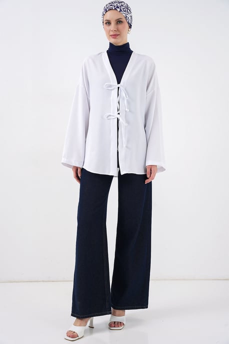 Leinenmischung Langarm-Kimono mit Bindedetail - Image 2