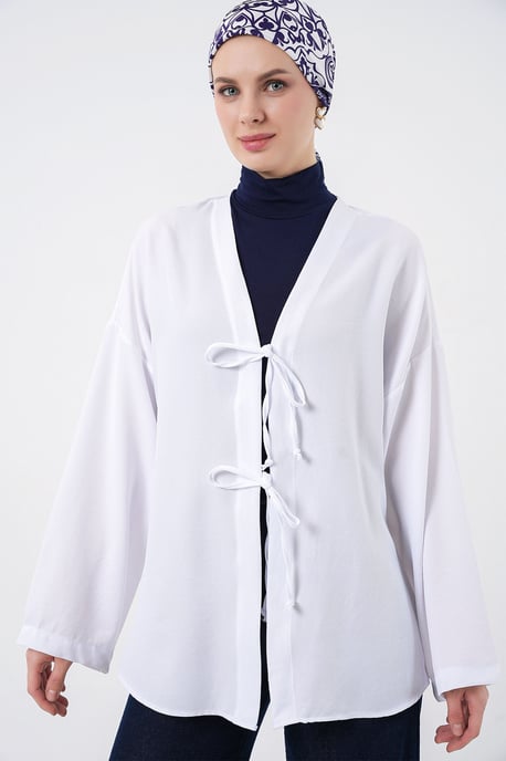 Leinenmischung Langarm-Kimono mit Bindedetail - Image 3