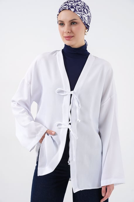 Leinenmischung Langarm-Kimono mit Bindedetail - Image 4