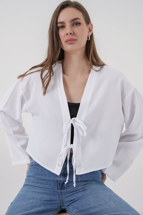 Viskose-Mix V-Ausschnitt Langarm-Kimono mit Bindungsdetails - Image 1