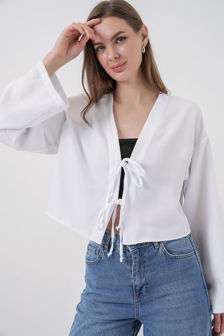 Viskose-Mix V-Ausschnitt Langarm-Kimono mit Bindungsdetails - Image 2