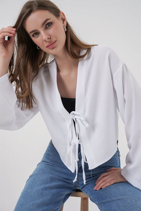 Viskose-Mix V-Ausschnitt Langarm-Kimono mit Bindungsdetails - Image 4