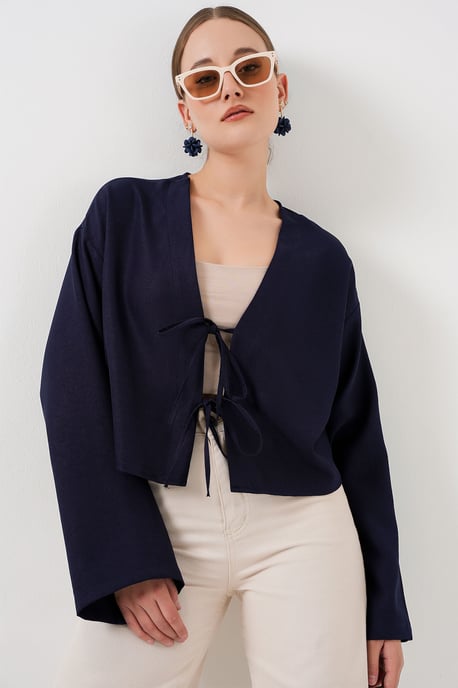 Viskose-Mischung V-Ausschnitt Langarm-Kimono mit Bindungsdetails - Image 1