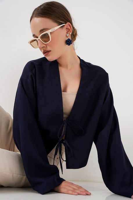 Viskose-Mischung V-Ausschnitt Langarm-Kimono mit Bindungsdetails - Image 3