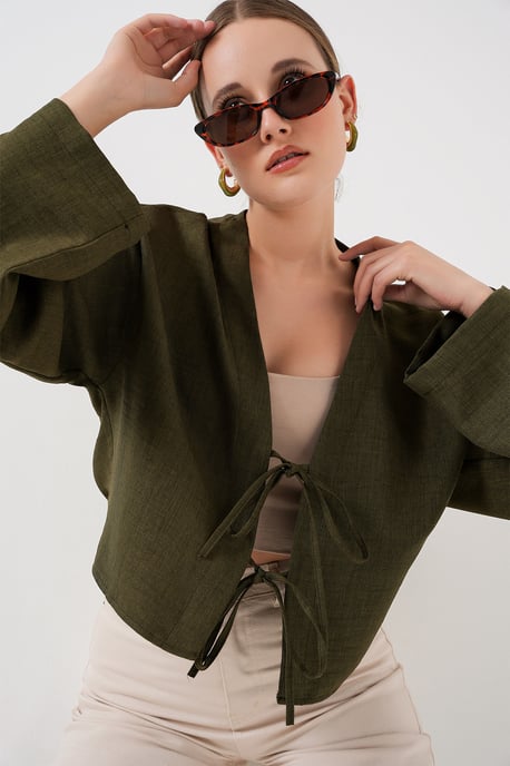 Viskose-Mischung V-Ausschnitt Langarm-Kimono mit Bindungsdetails - Image 3