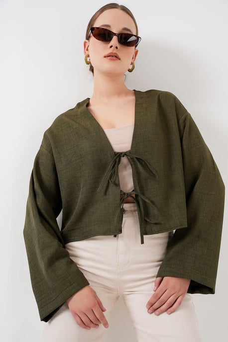 Viskose-Mischung V-Ausschnitt Langarm-Kimono mit Bindungsdetails - Image 4